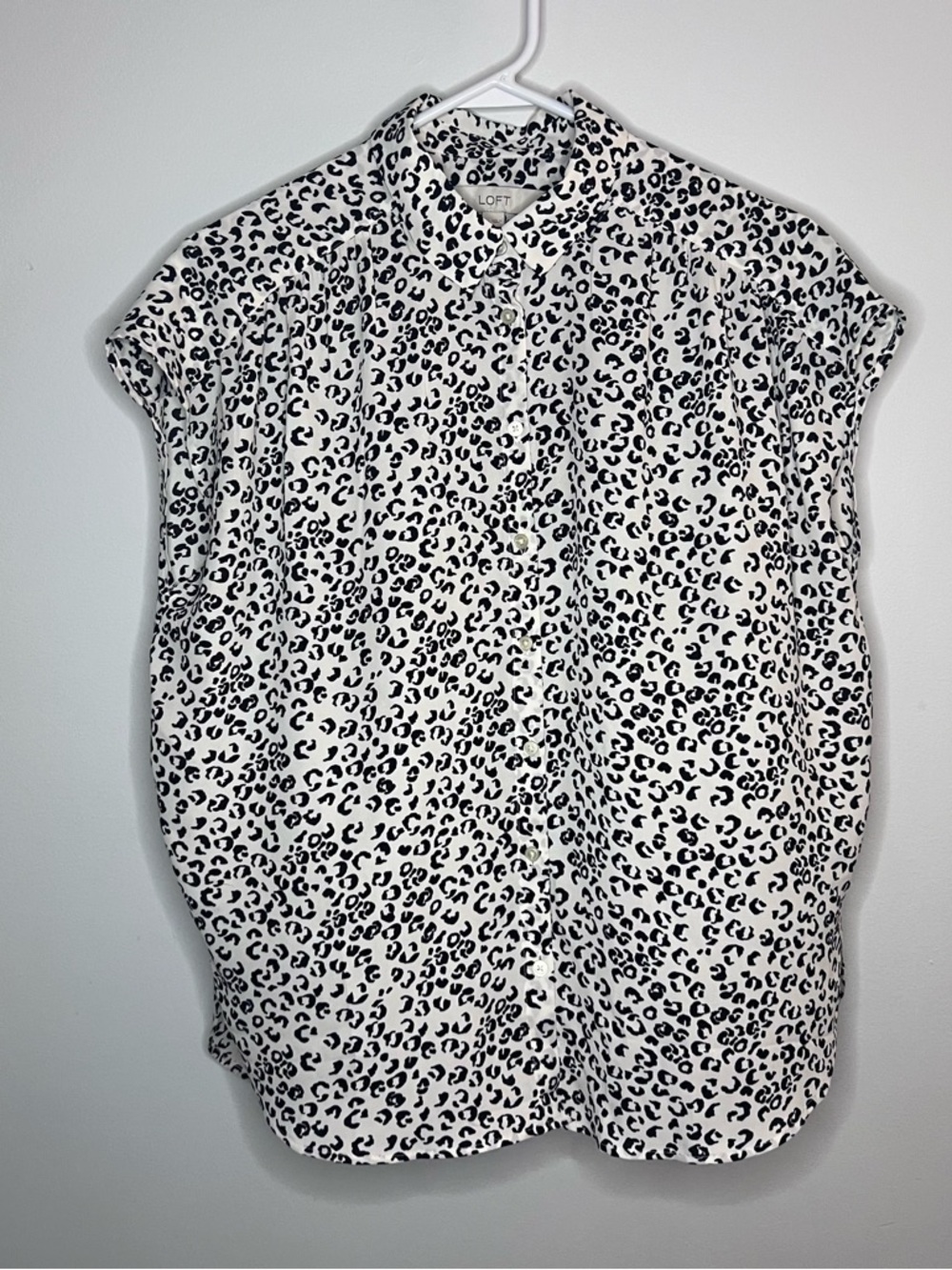 LOFT Black and White Leopard Print Button-Down Cap Sleeve Blouse